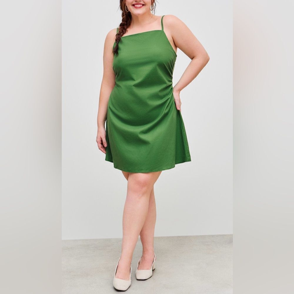 CIDER Curvy Girl Green Linen Blend Side Ruched Mini Dress